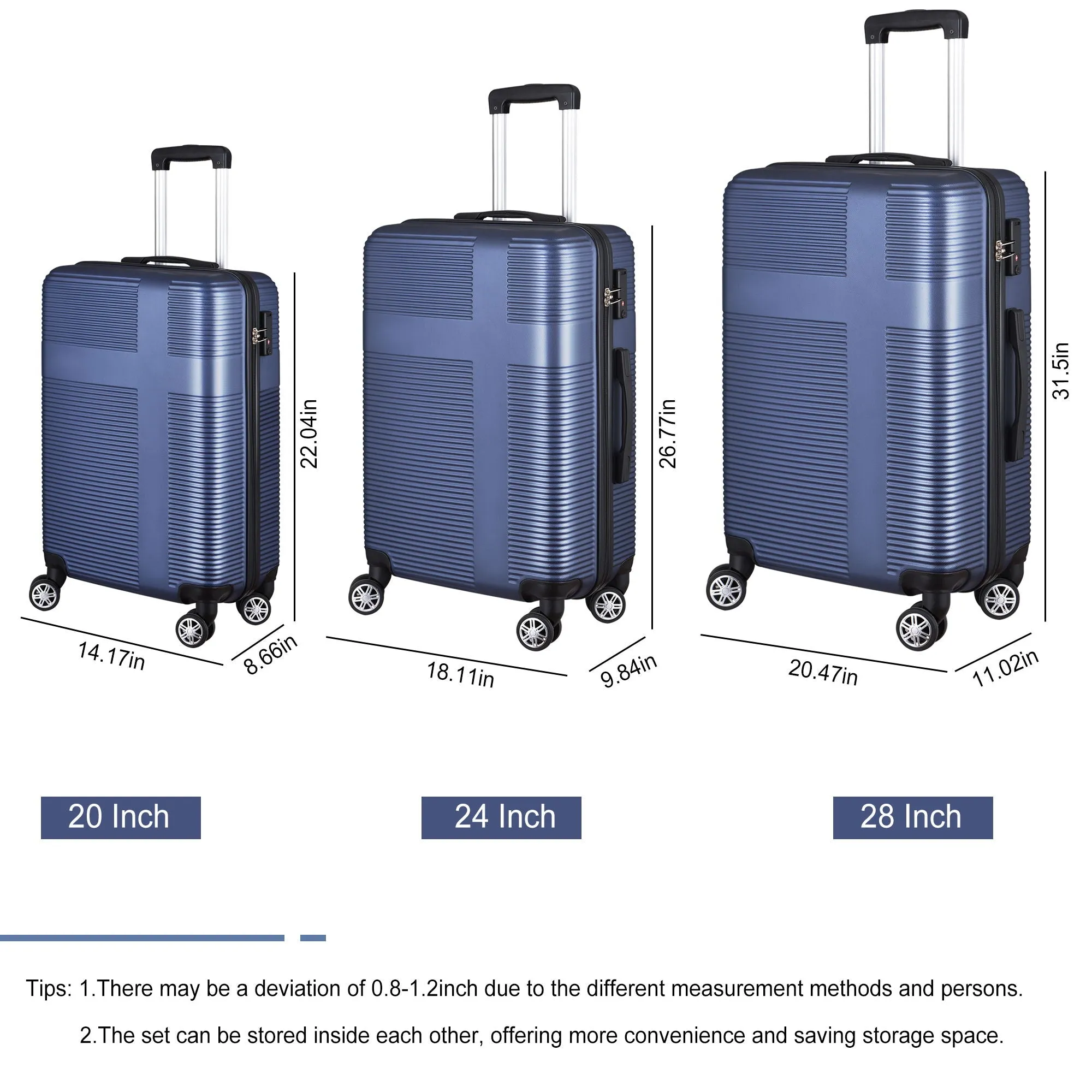 3 Piece Luggage With Tsa Lock Abs, Durable Luggage Set, Lightweight Suitcase With Hooks, Spinner Wheels Cross Stripe Luggage Sets - Dark Blue