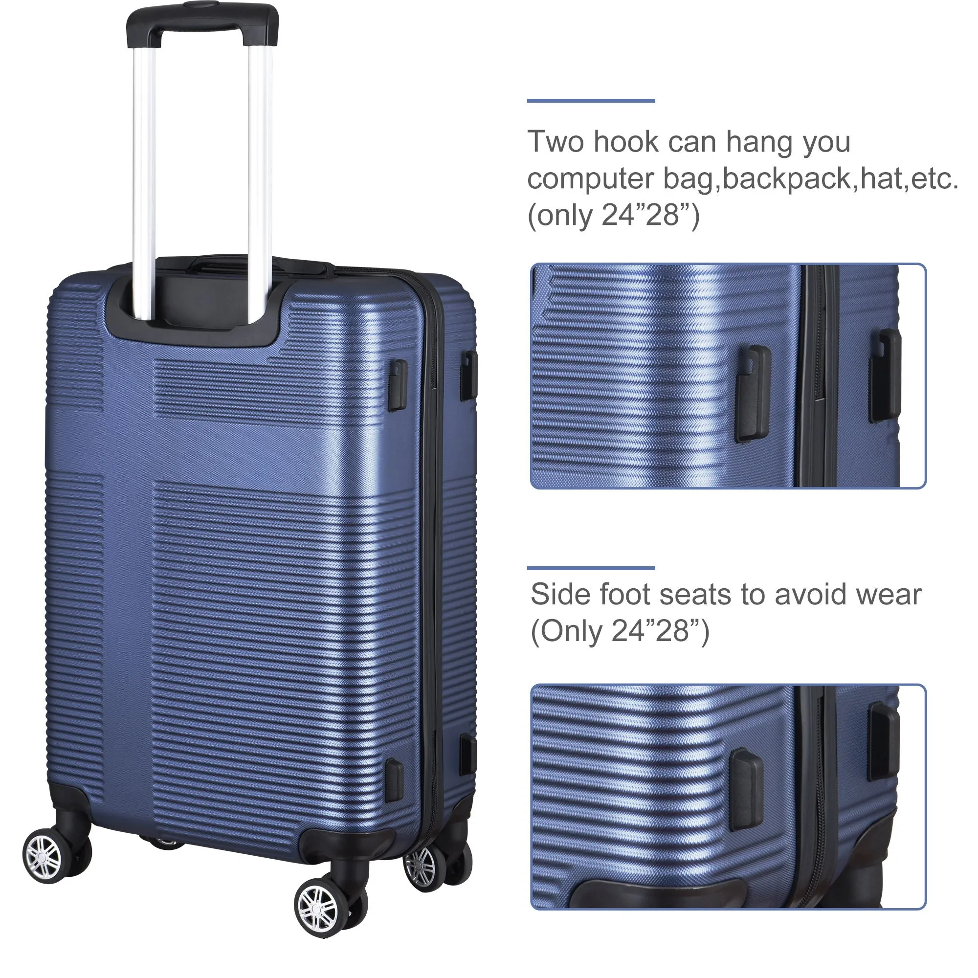 3 Piece Luggage With Tsa Lock Abs, Durable Luggage Set, Lightweight Suitcase With Hooks, Spinner Wheels Cross Stripe Luggage Sets - Dark Blue