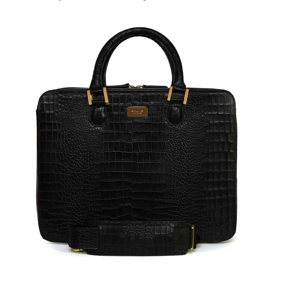 Black Laptop Briefcase In Croco Textured Leather