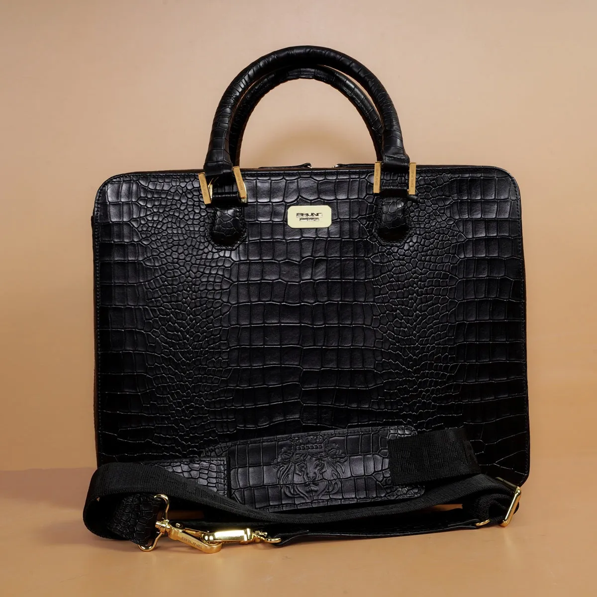 Black Laptop Briefcase In Croco Textured Leather