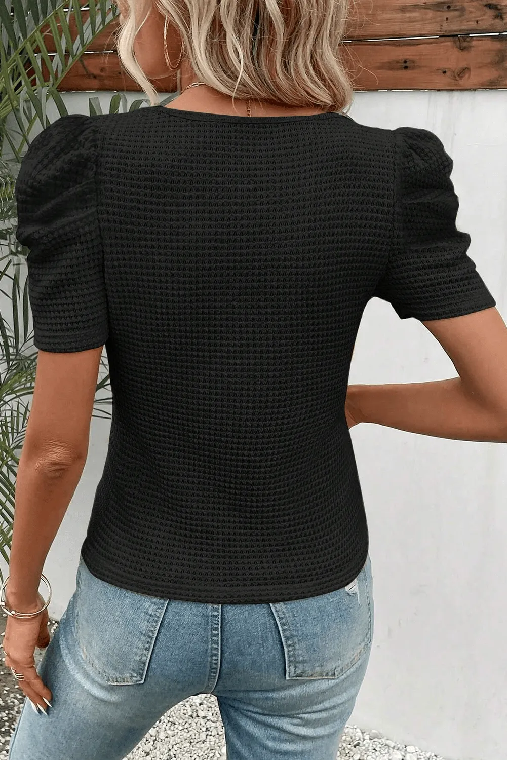 Black T-Shirt with Sheer Puffed Sleeves