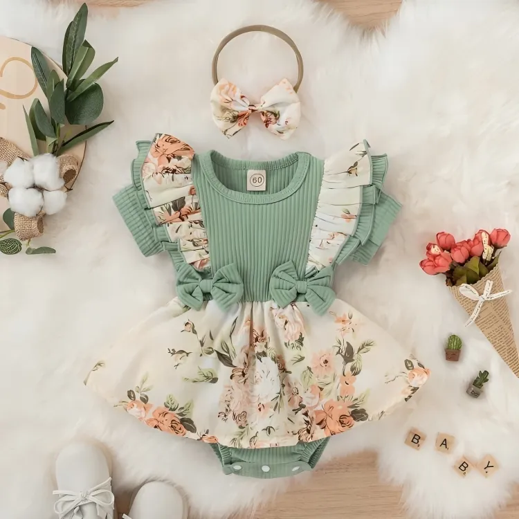 Bowknot Floral Strapped Cotton Jumpsuit Dress