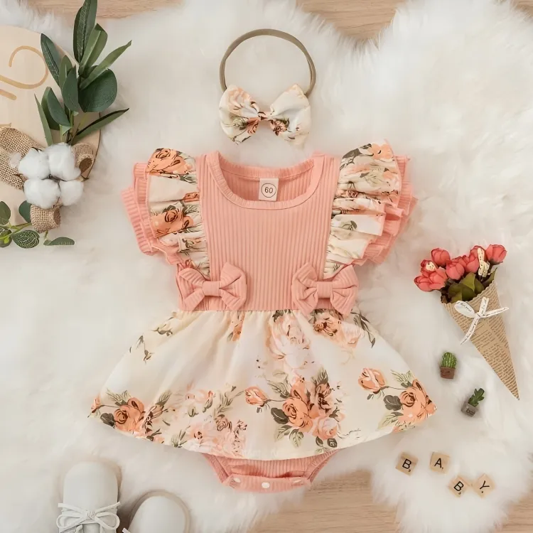 Bowknot Floral Strapped Cotton Jumpsuit Dress