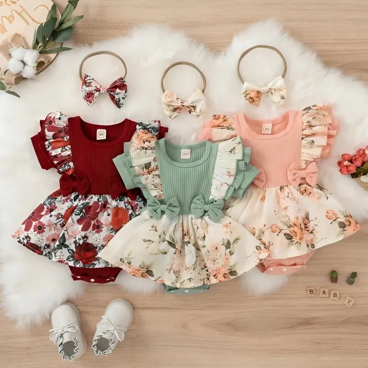 Bowknot Floral Strapped Cotton Jumpsuit Dress