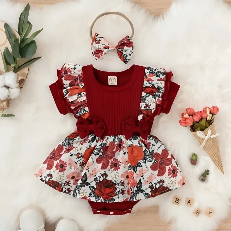 Bowknot Floral Strapped Cotton Jumpsuit Dress