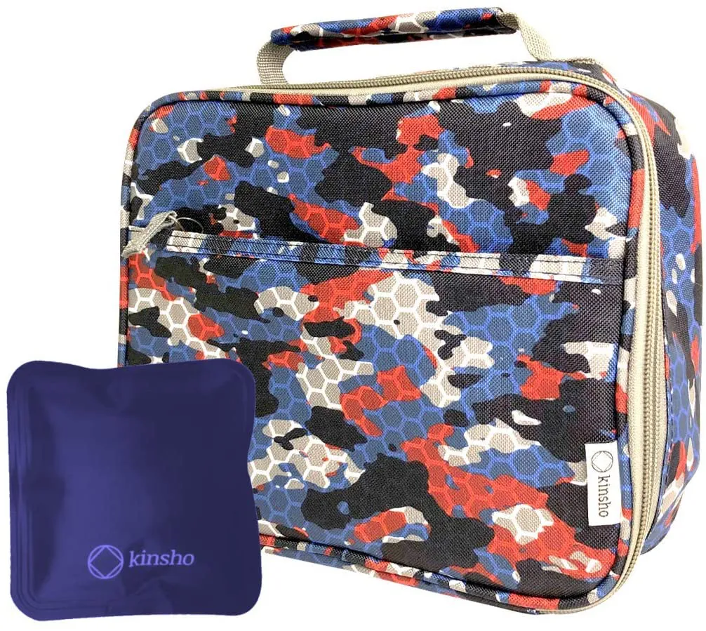 Camo Lunch Box with Ice Pack for Boys Kids, Insulated Bag for Boy School, Cooler Container Boxes for Small Kid Snacks Lunches, Red White Blue Camoflauge