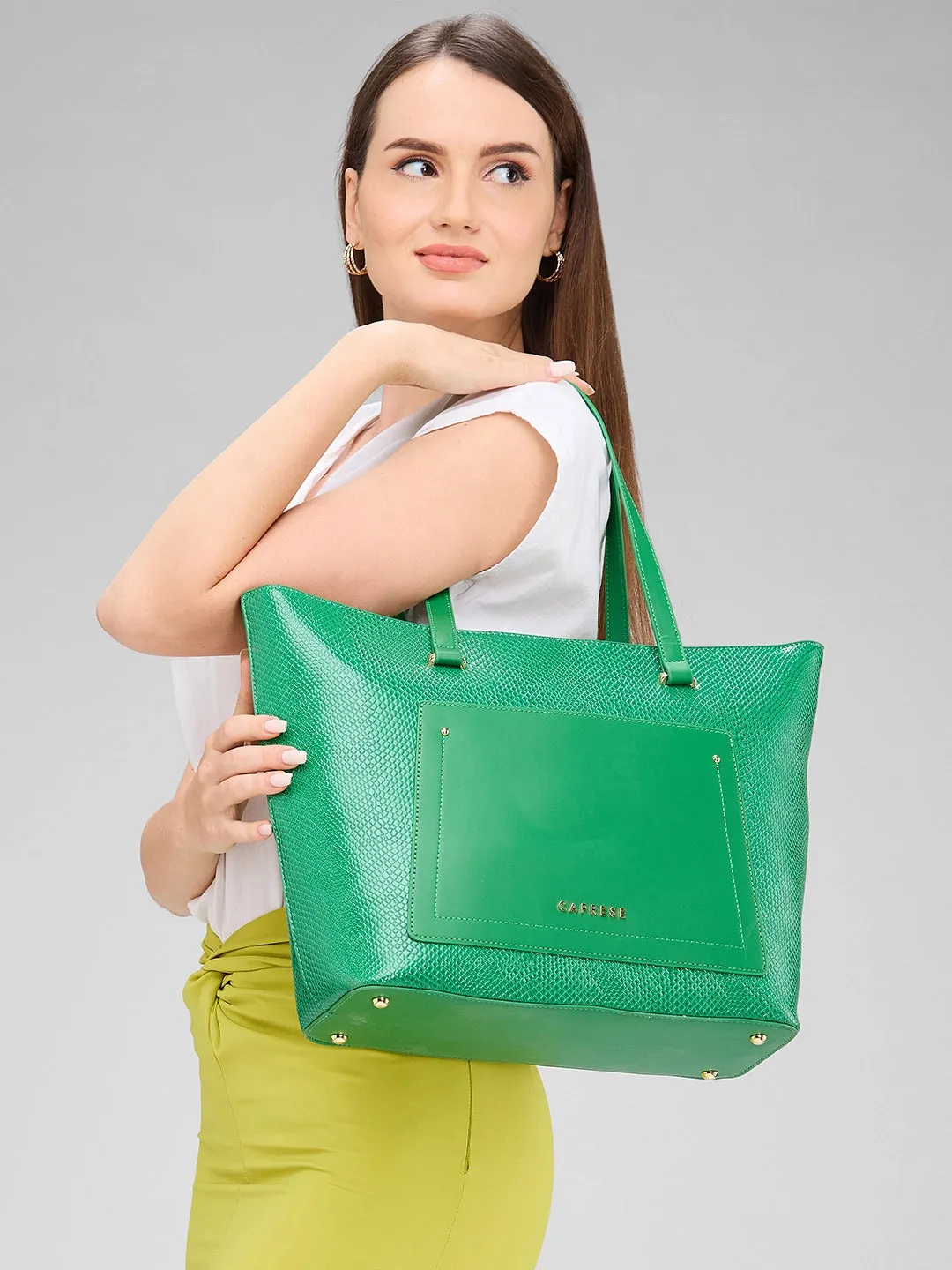 Caprese Roima Tote Large Self Design Women'S Office Handbag Green