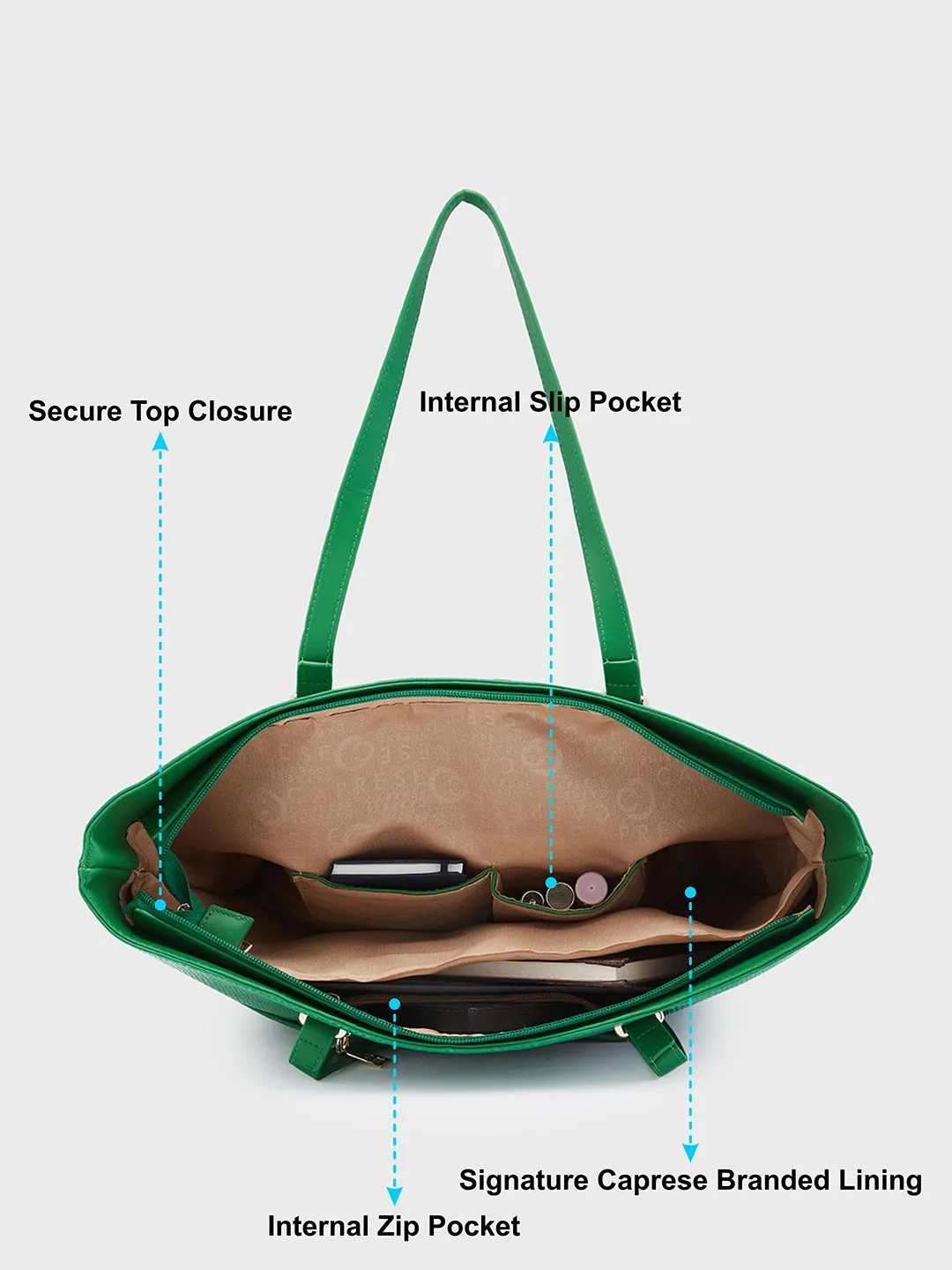 Caprese Roima Tote Large Self Design Women'S Office Handbag Green