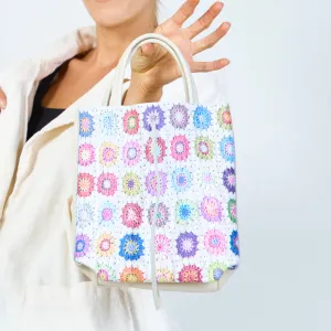 Colorful crochet pattern tote bags with metallic handles wholesale