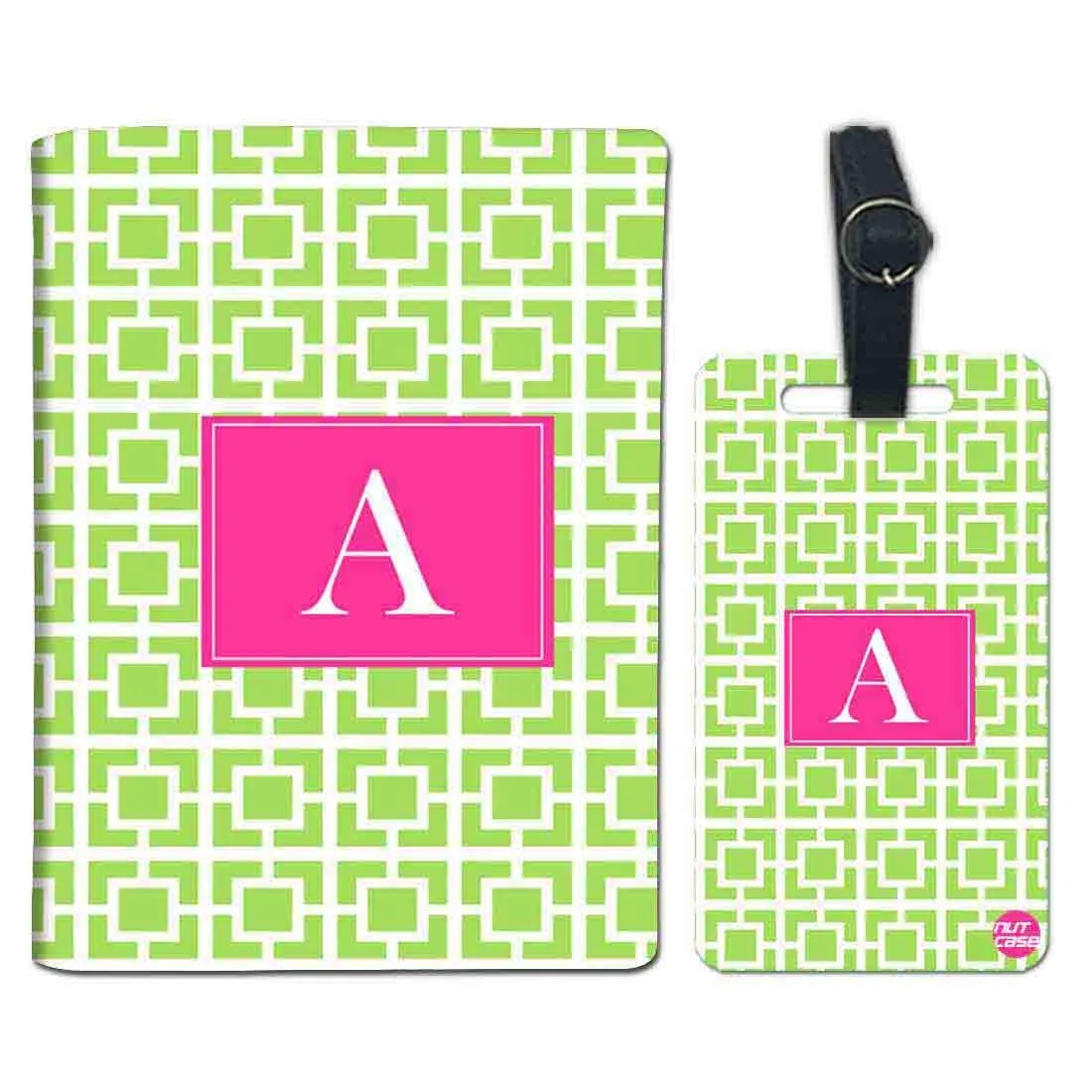 Customized Passport Cover and Luggage Tag Set - Green Box Pattern