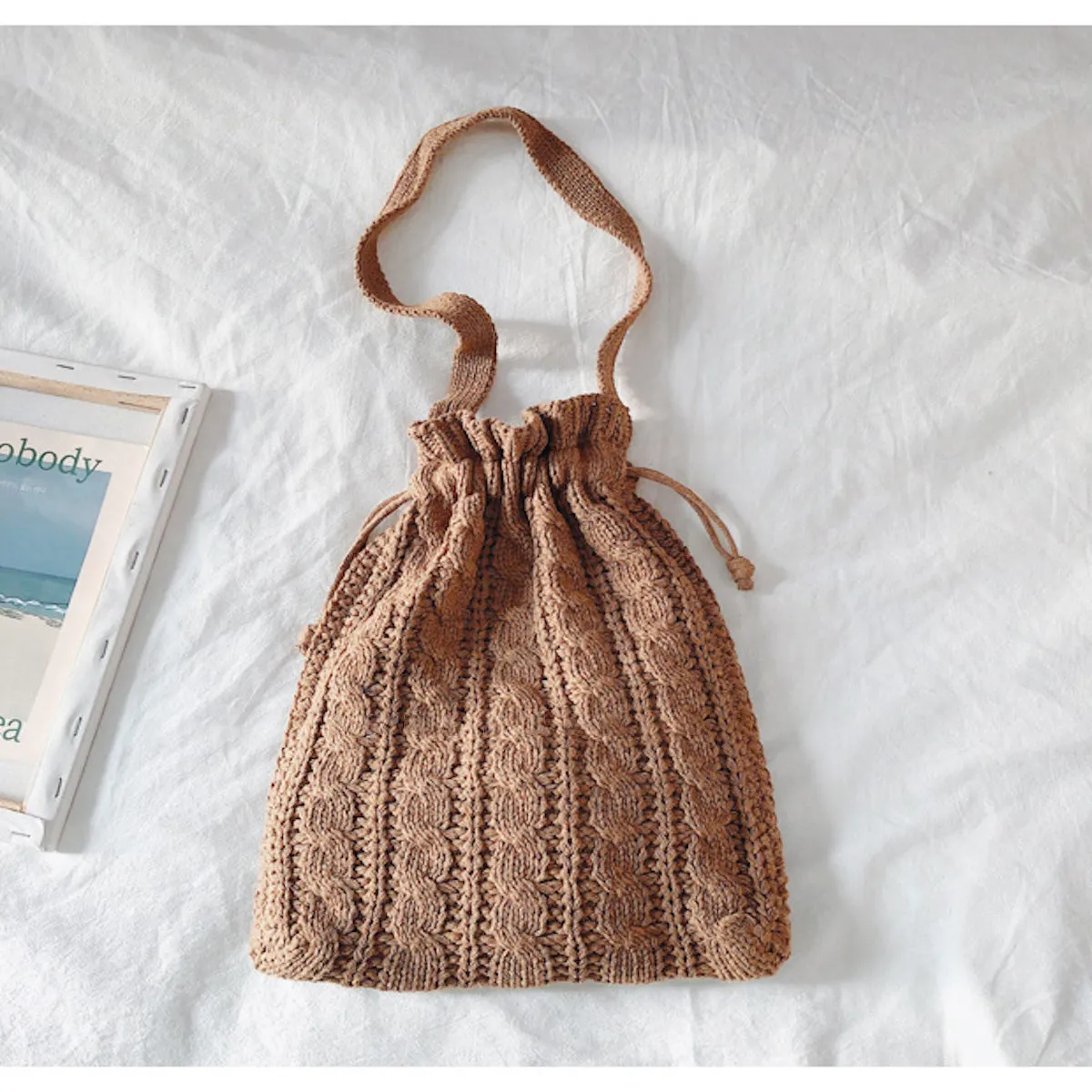 Elena Handbags Handmade Cotton Knitted Drawstring Bag