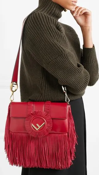 Fringed Baguette Shoulder Bag, Red