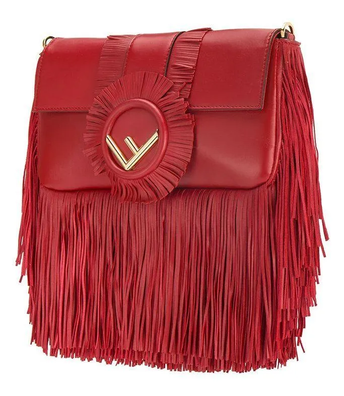 Fringed Baguette Shoulder Bag, Red