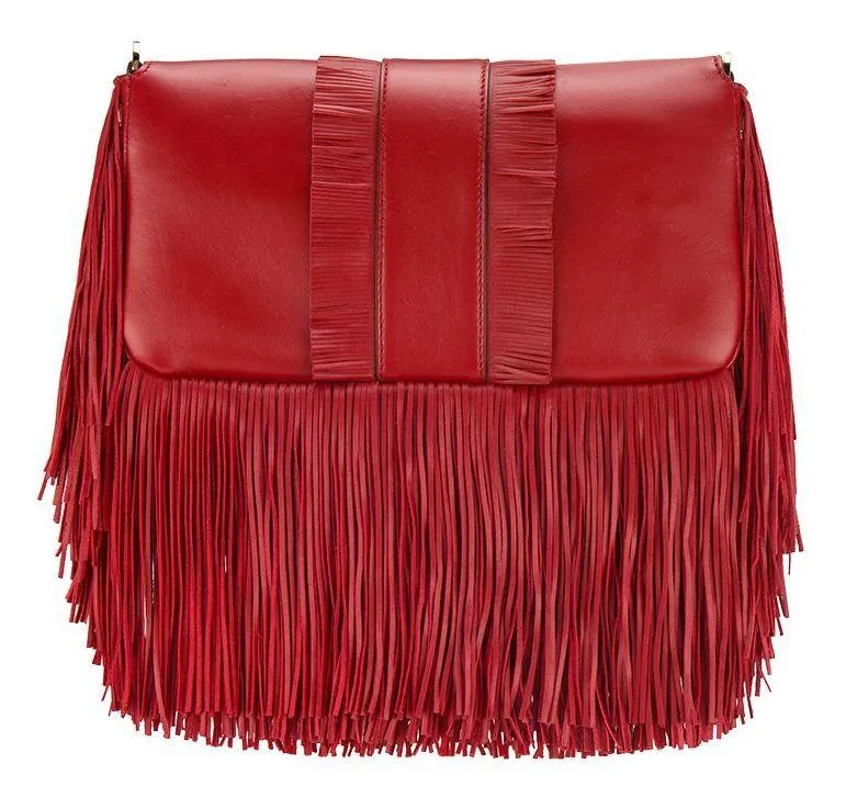 Fringed Baguette Shoulder Bag, Red