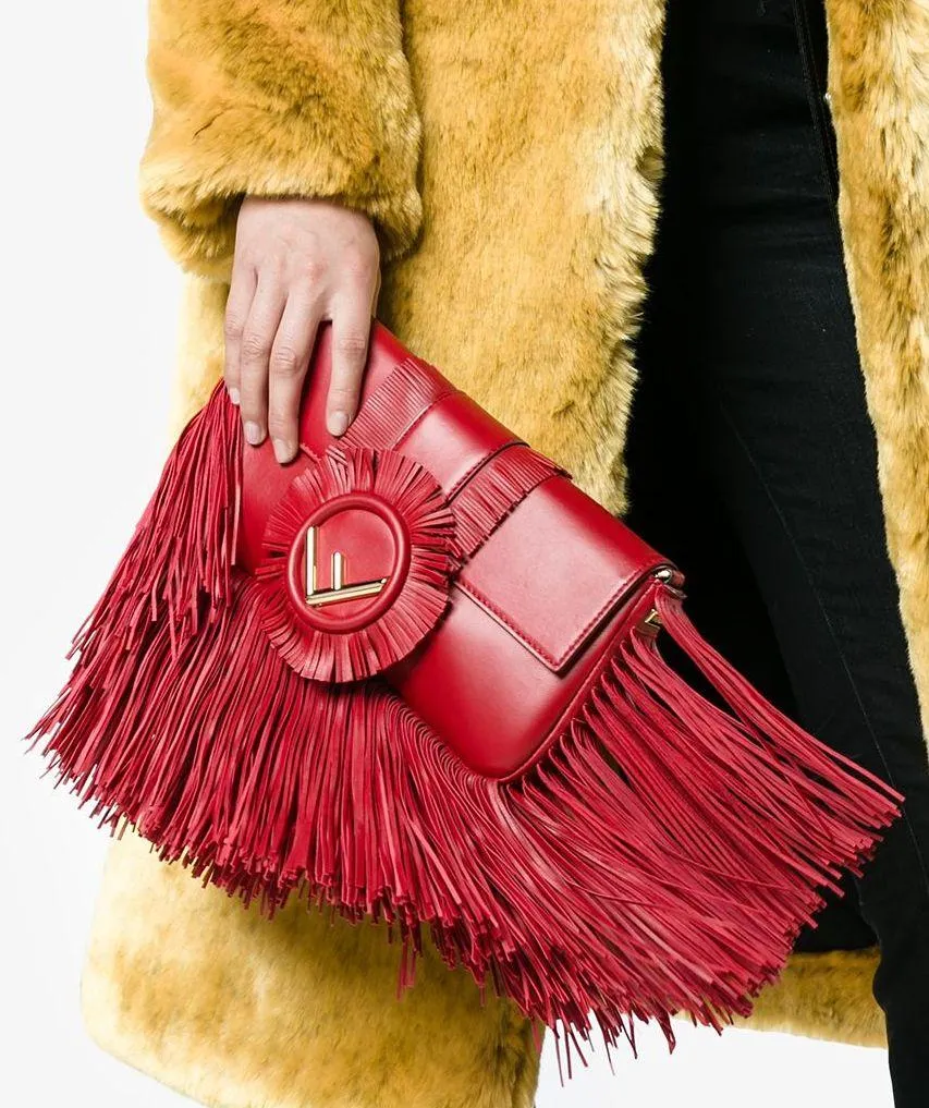 Fringed Baguette Shoulder Bag, Red