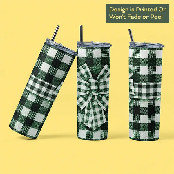 Green Plaid Bow Tumbler,  20oz Skinny Tumblers