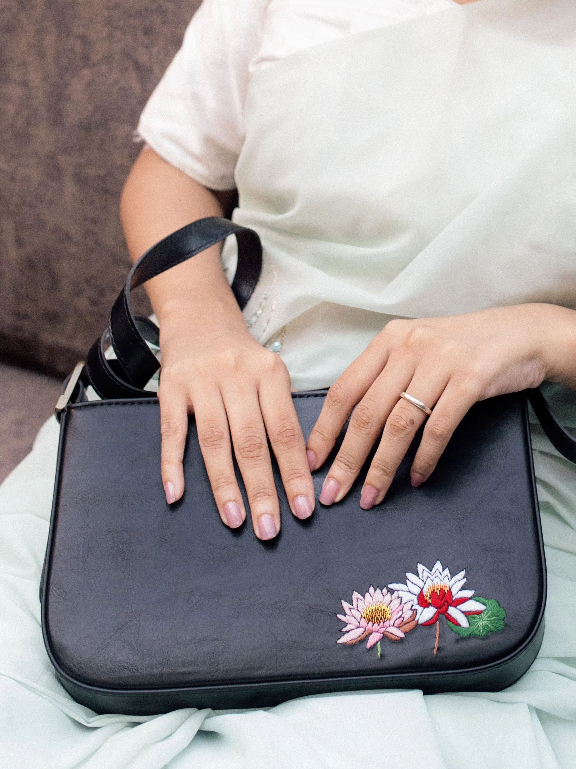 Hand Embroidered Lotus Baguette Bag