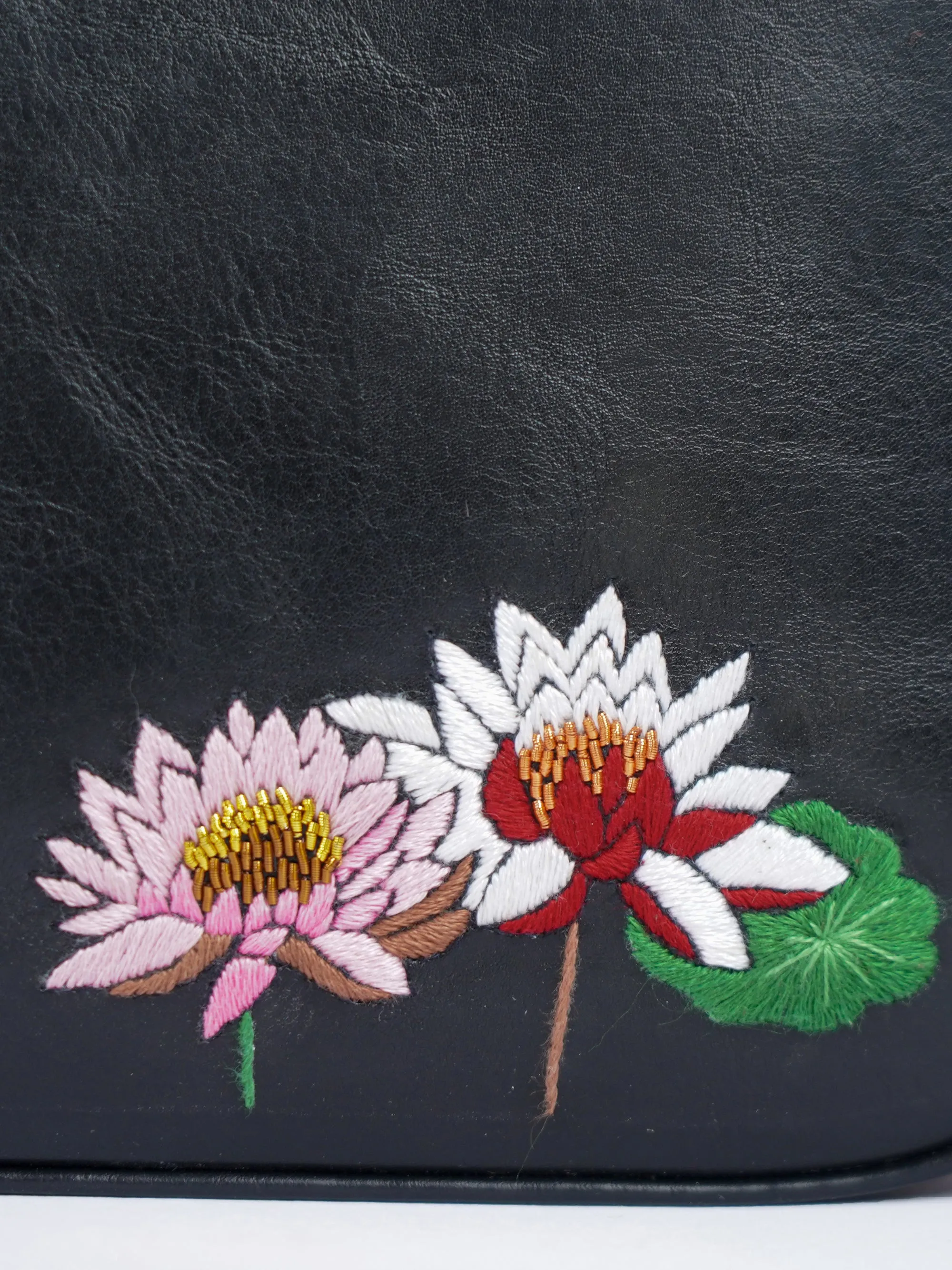 Hand Embroidered Lotus Baguette Bag