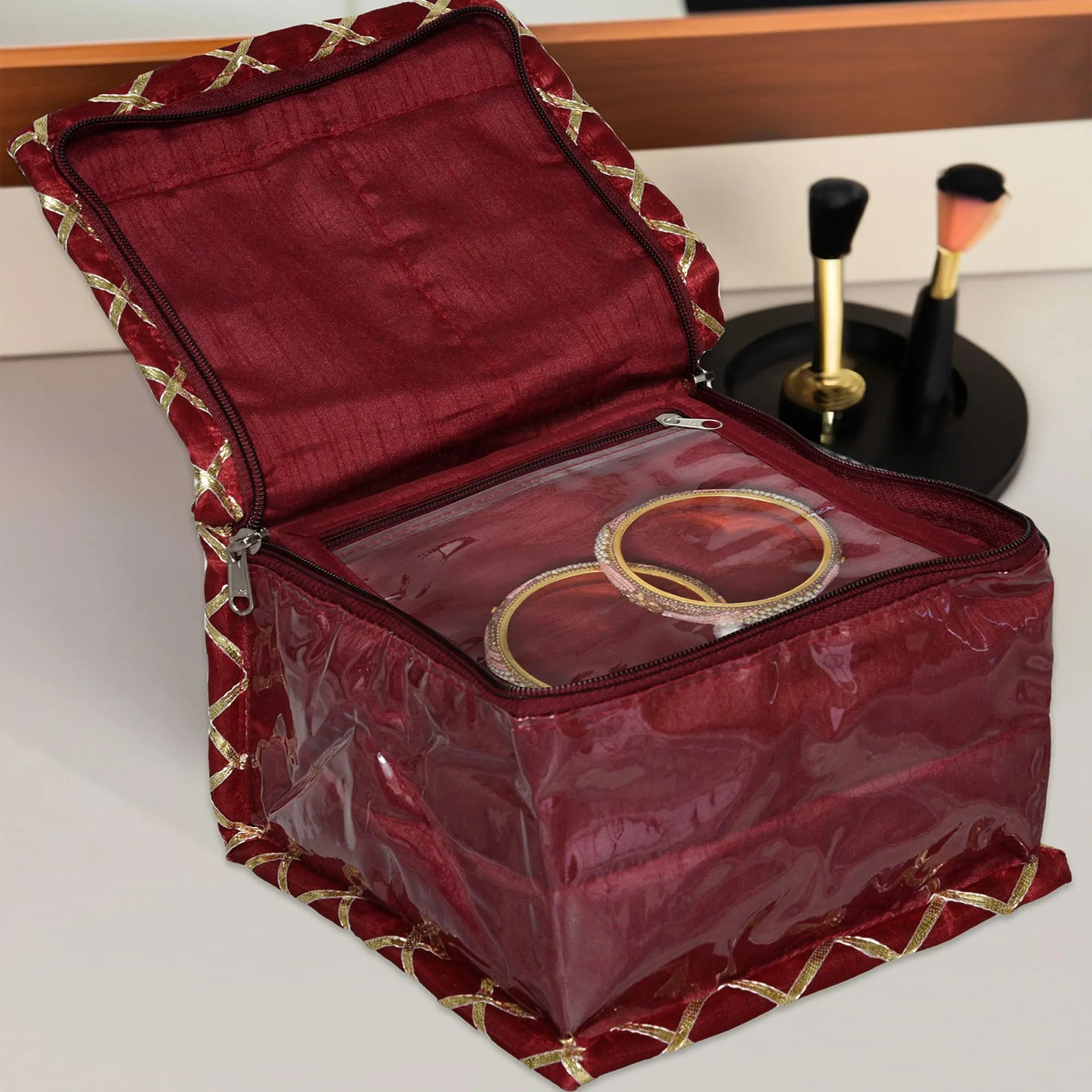 Heart Home Makeup Storage Bag | Locker Makeup Kit | Cosmetic Kit for Travel | Makeup Kit for Woman | 10 Detachable Pouch | Gota Check Jewellery Organizer | Small | Maroon