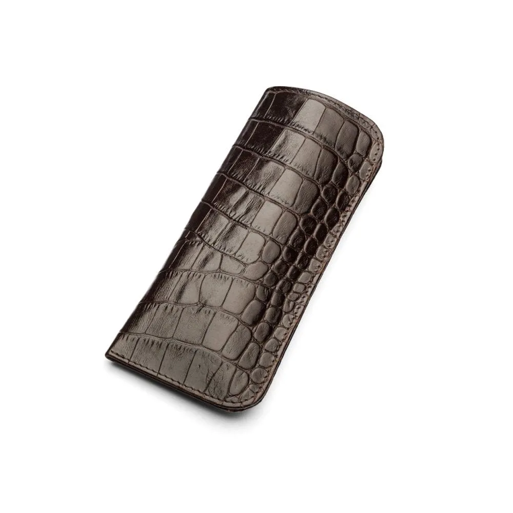 Large Leather Glasses Case - Brown Croc