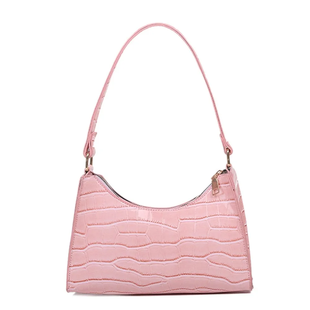 Leather Croc Baguette Shoulder Bag