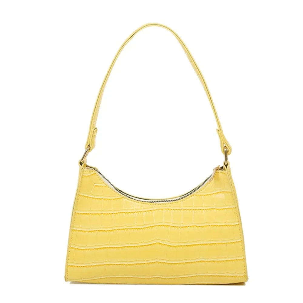 Leather Croc Baguette Shoulder Bag