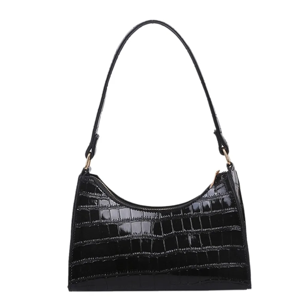 Leather Croc Baguette Shoulder Bag