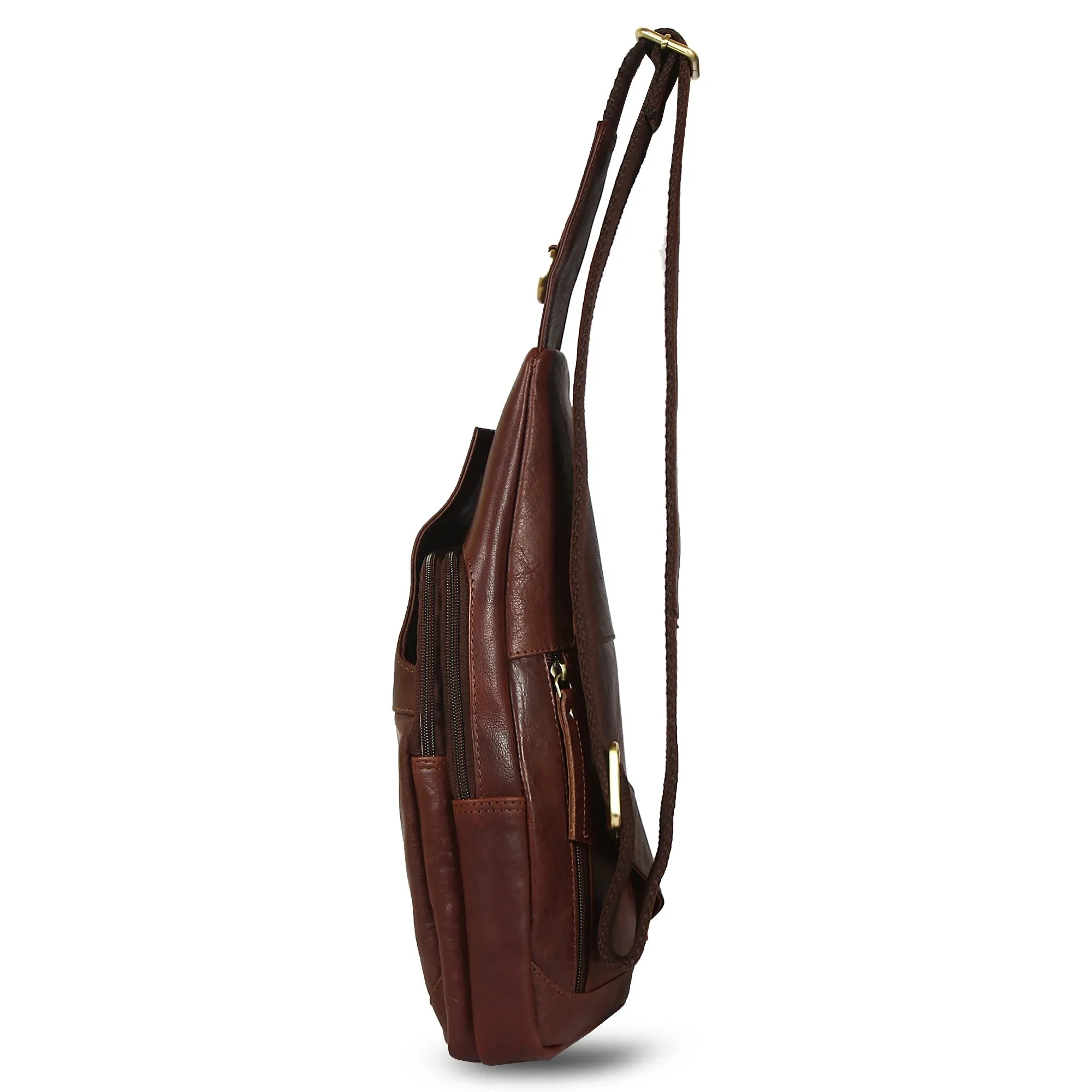 Leather Sling Bag, Chest Shoulder Backpack for Men Women (Dark Brown)