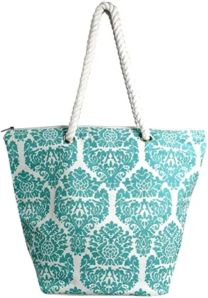 Nautical Print 100% Cotton Canvas Beach Pool Bag Summer Picnic Totes - Teal Damask