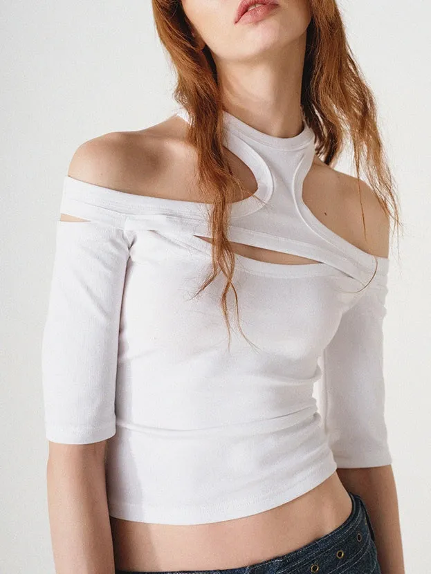 NORTH NODE Avant-Garde Cut-Out Crop Top - White and Charcoal