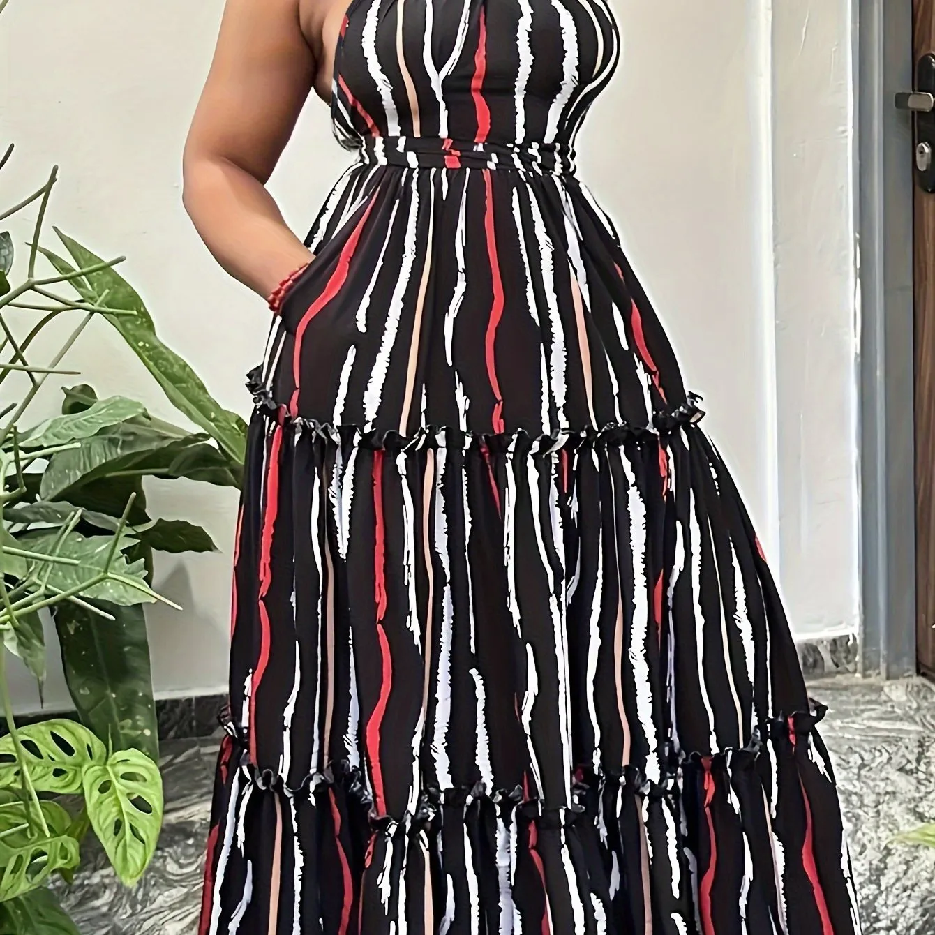 Plus Size Striped One Shoulder Maxi Dress