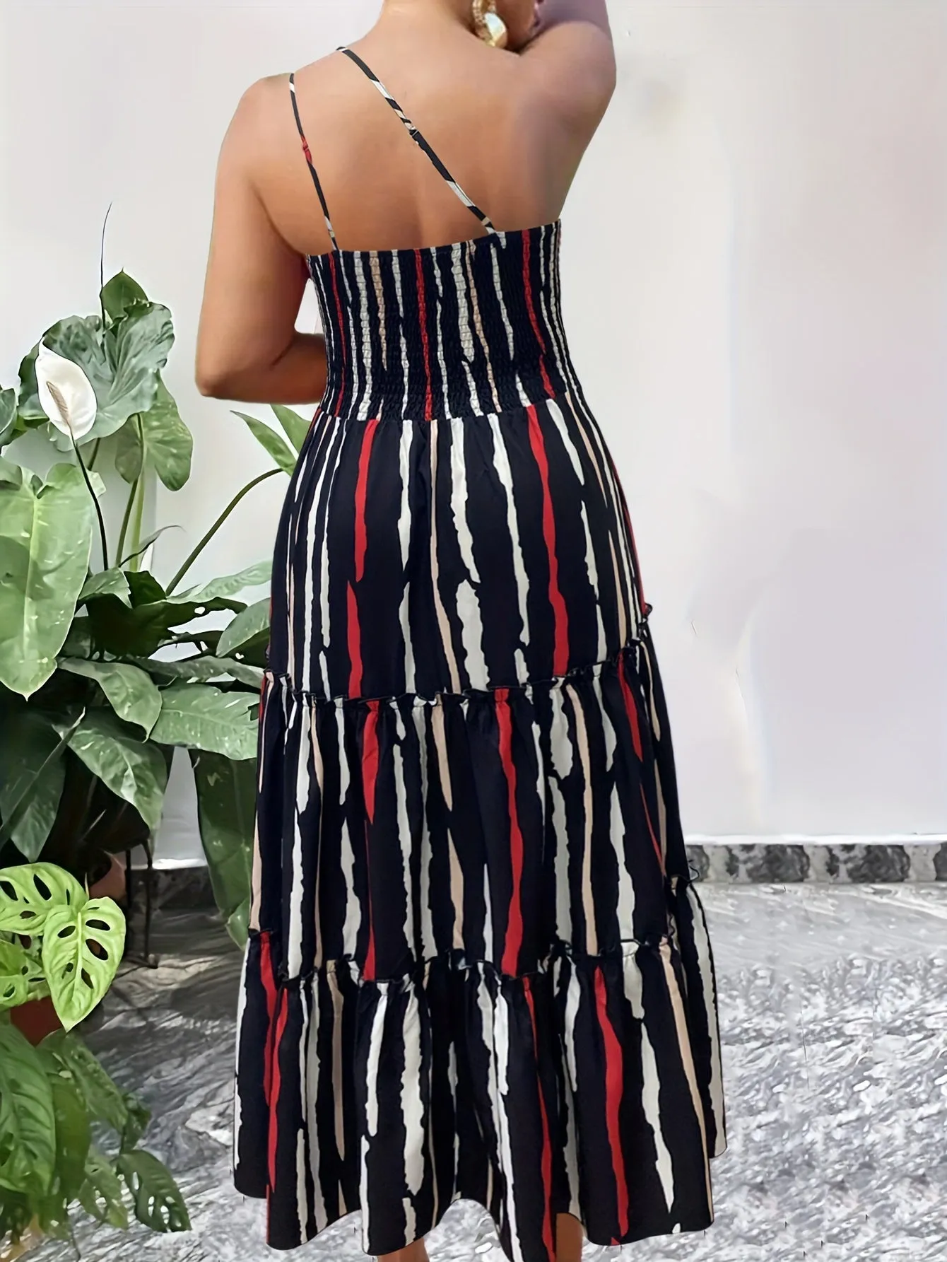 Plus Size Striped One Shoulder Maxi Dress