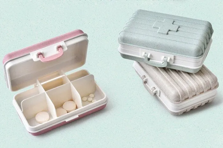 Portable Luggage Design Eco Pill Box with 6 Compartments for Daily Medication Management