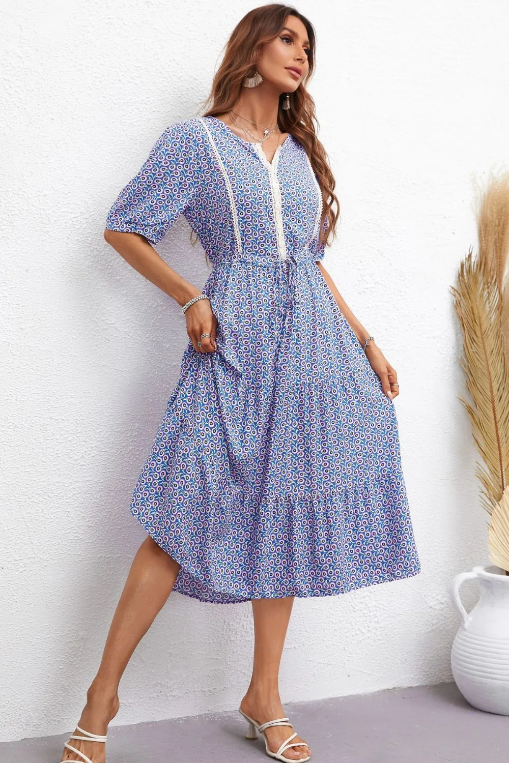 Printed Drawstring Waist Notched Neck Dress