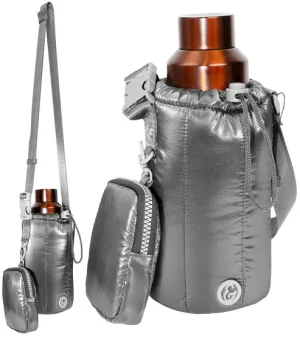 Quilted Metallic Nylon Water Bottle Holder Crossbody Bag