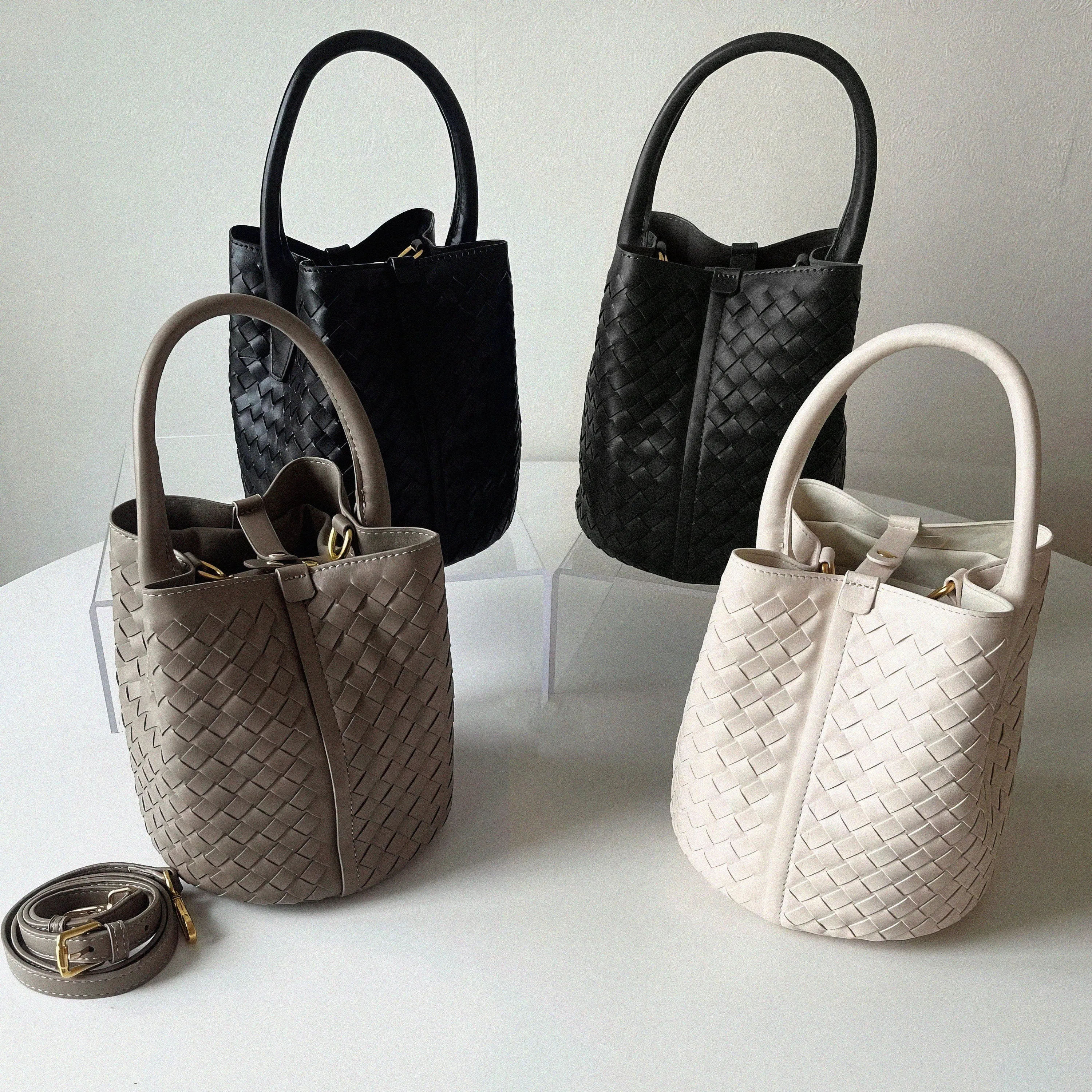 Small Woven Leather Tote Bag Classic Bucket Bag Shoulder Bag