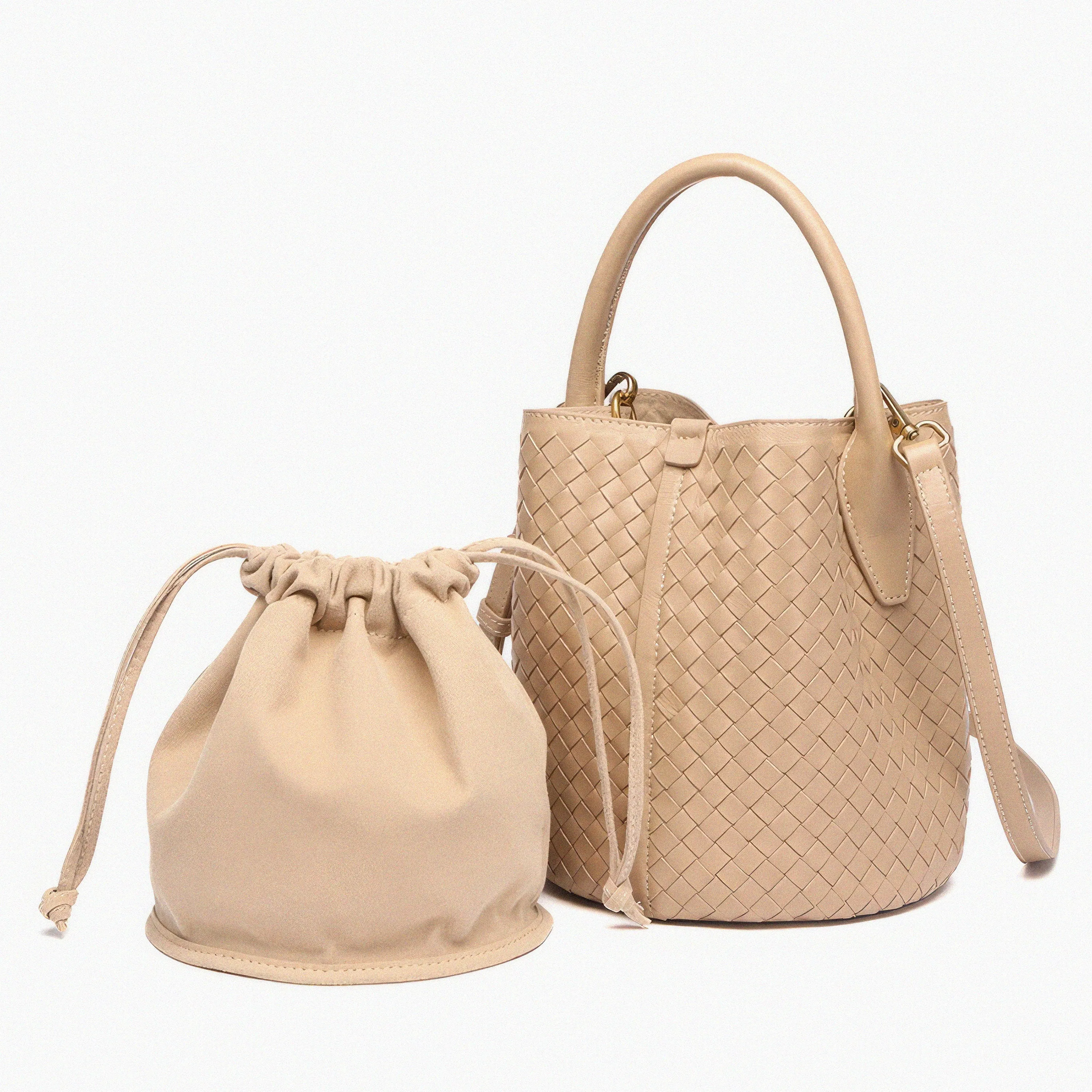 Small Woven Leather Tote Bag Classic Bucket Bag Shoulder Bag