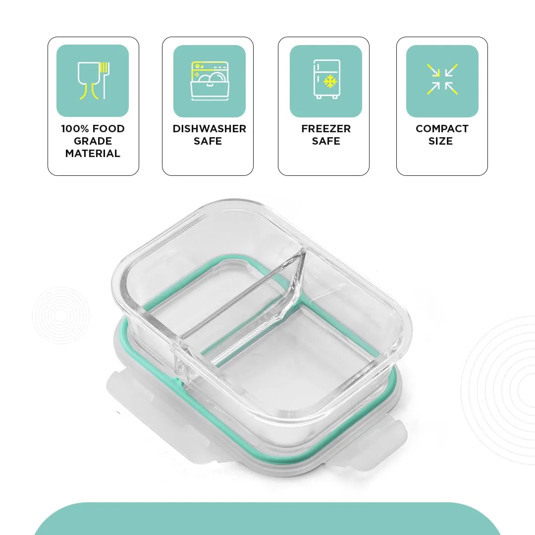 SOPL-OLIVEWARE Elite Natural Glassware Lunch Box Microwave safe 2 comartment !Borosilicate Glass!Safety Lock Airtight Tiffin Containers (600 ml)| Transparent