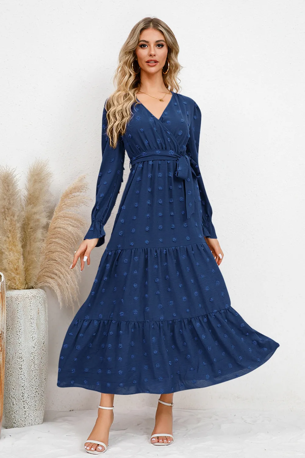 Swiss Dot Tied Surplice Flounce Sleeve Dress