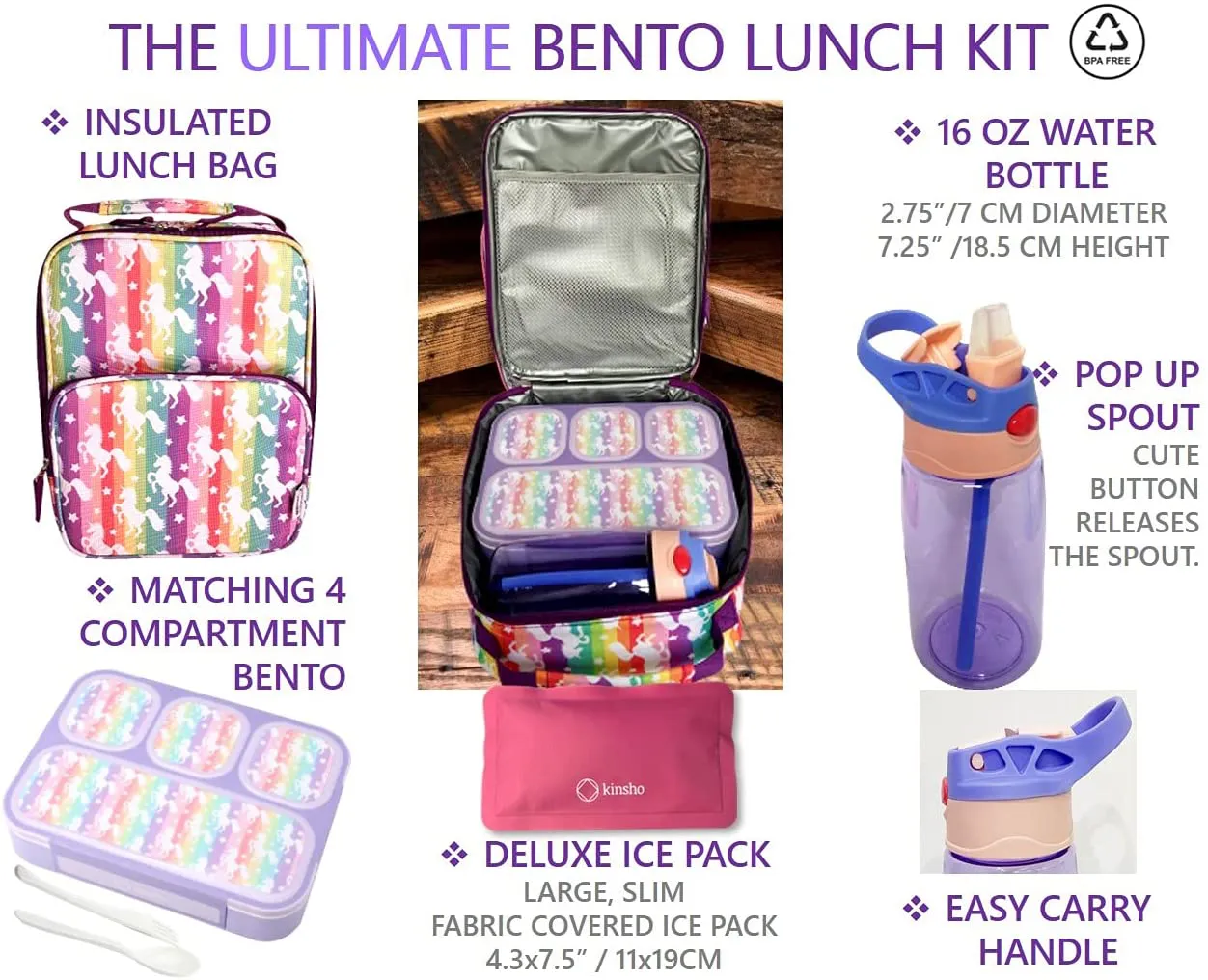 Unicorn Bento Lunch Box for Girls, Kids | Snack Containers with 4 Compartment Dividers, Boxes for Toddlers Pre-School Daycare Tween Lunches BPA Free, Food and Microwave Safe | Purple Rainbow Unicornio