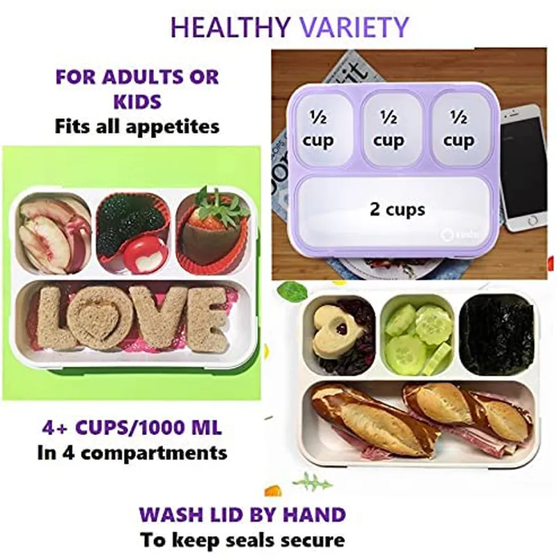 Unicorn Bento Lunch Box for Girls, Kids | Snack Containers with 4 Compartment Dividers, Boxes for Toddlers Pre-School Daycare Tween Lunches BPA Free, Food and Microwave Safe | Purple Rainbow Unicornio