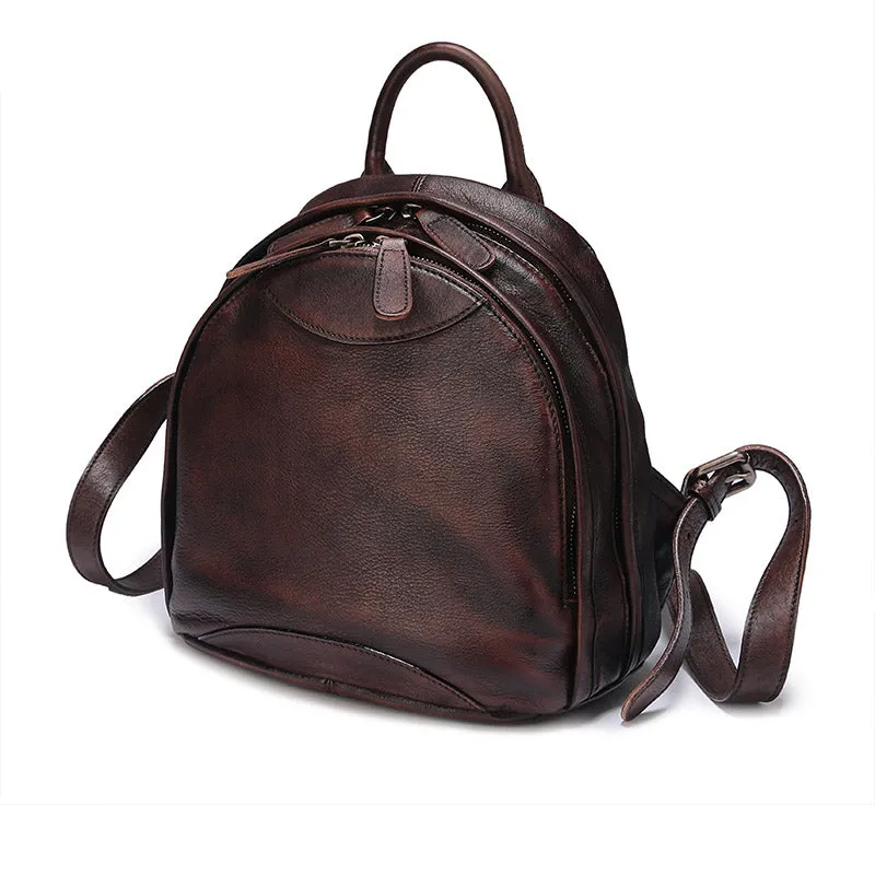 Womens Brown Leather Book Bag Small Backpack Purse for Women