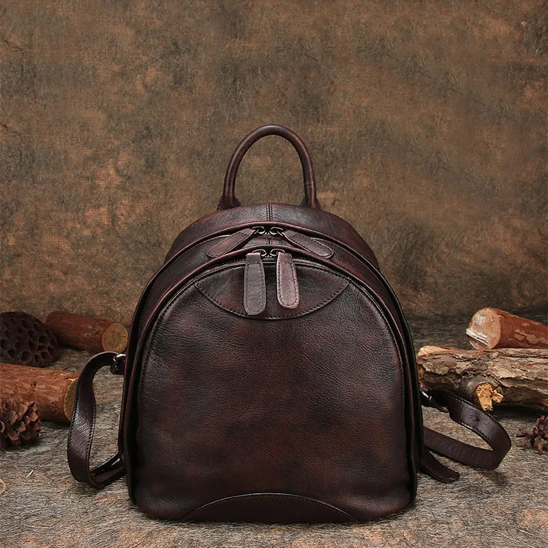 Womens Brown Leather Book Bag Small Backpack Purse for Women