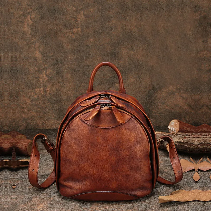 Womens Brown Leather Book Bag Small Backpack Purse for Women