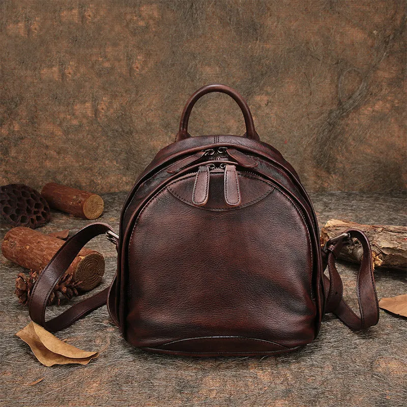 Womens Brown Leather Book Bag Small Backpack Purse for Women