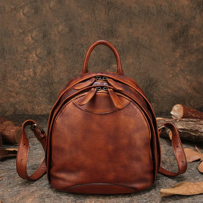 Womens Brown Leather Book Bag Small Backpack Purse for Women