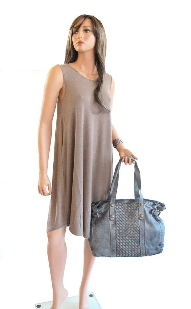 Woven Grey Super Soft Washed Calf Leather Handbag Made In Italy