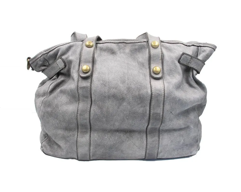 Woven Grey Super Soft Washed Calf Leather Handbag Made In Italy