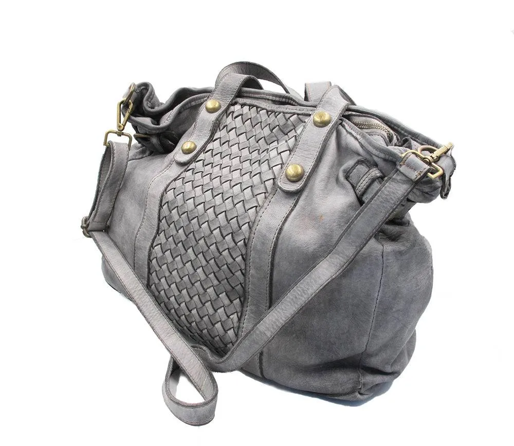 Woven Grey Super Soft Washed Calf Leather Handbag Made In Italy