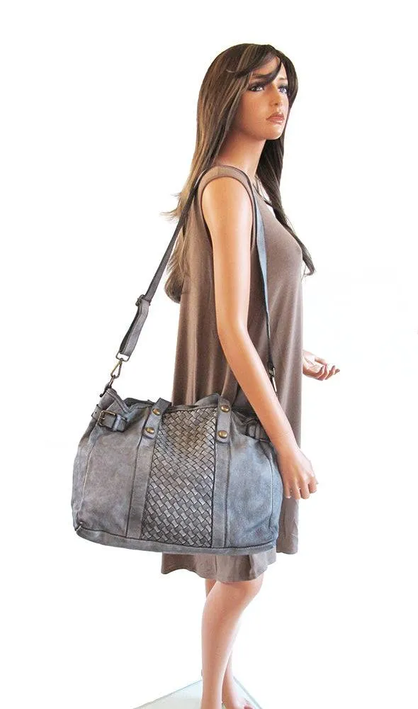 Woven Grey Super Soft Washed Calf Leather Handbag Made In Italy